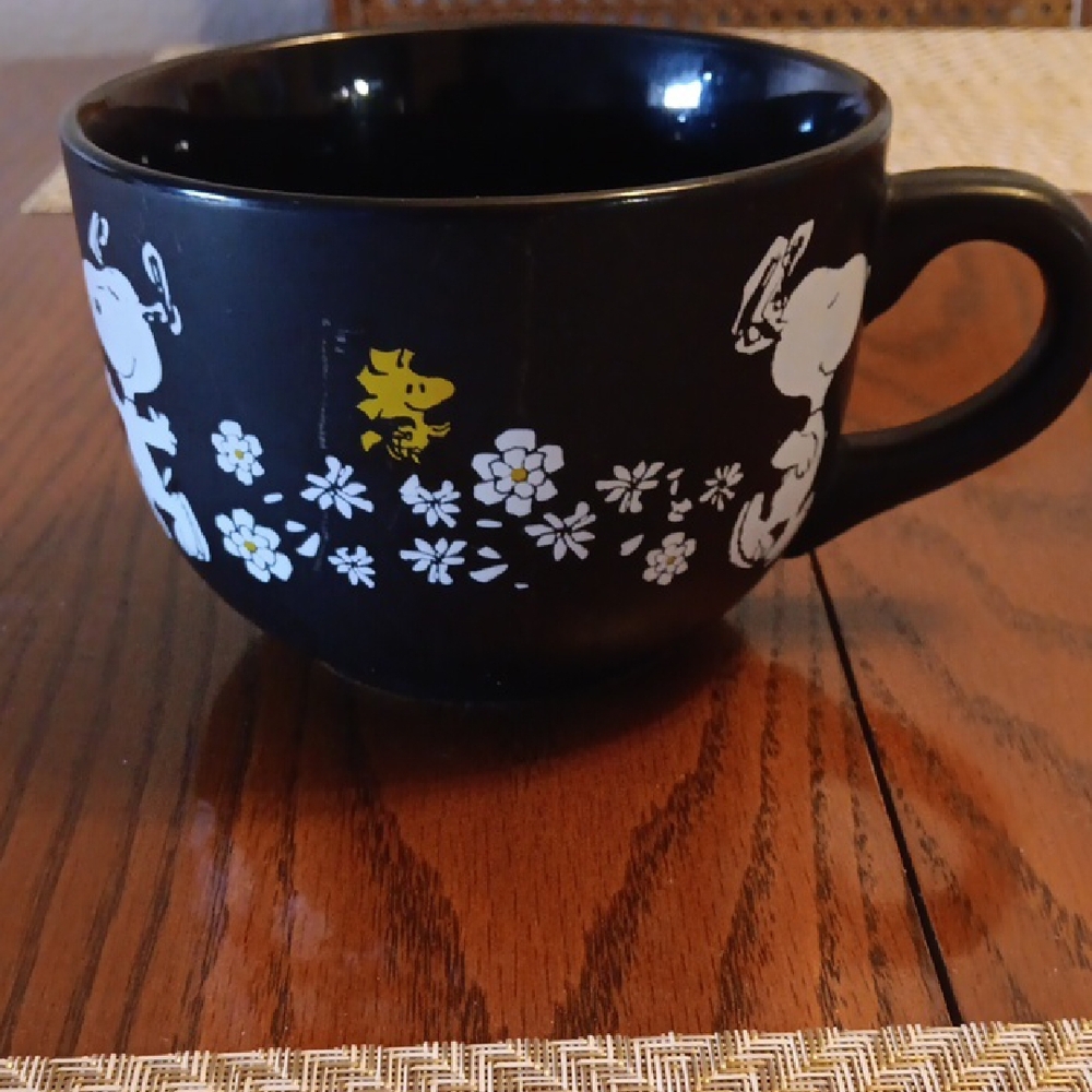 Black Mug with Cartoon Characters and Floral Design